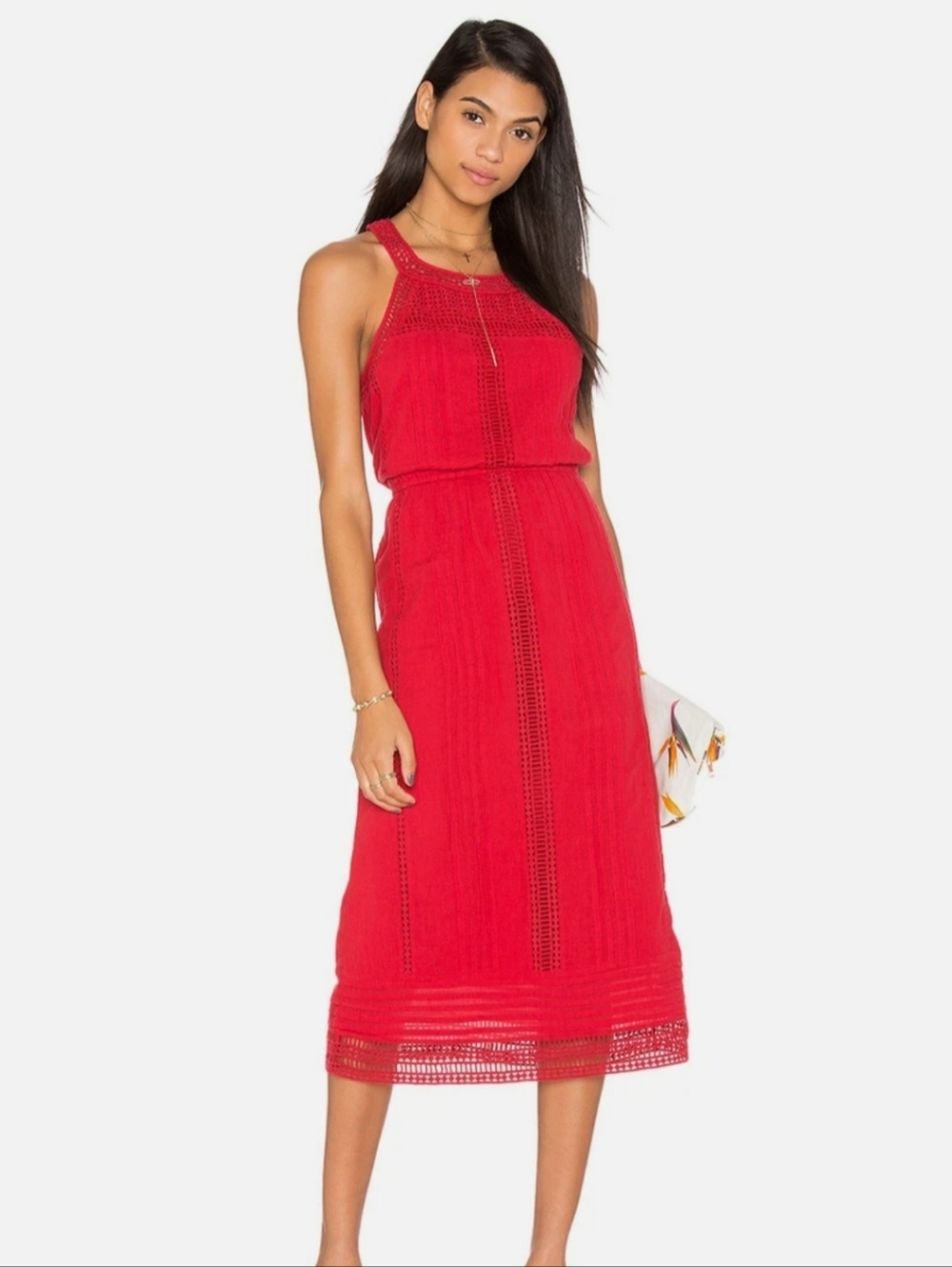 Joie Dance Brick Red Pintucked Eyelet Halter Midi Dress L